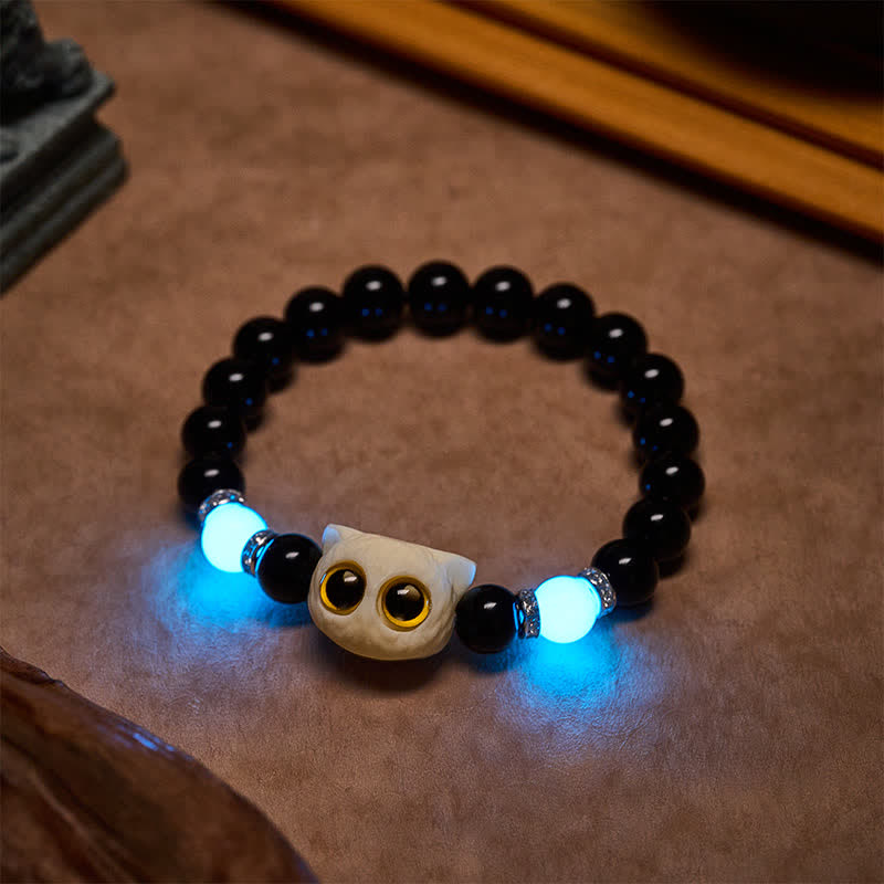 Buddha Stones Pulsera de cuentas con relieve de gato de ojos grandes tallada a mano en obsidiana negra - image 20
