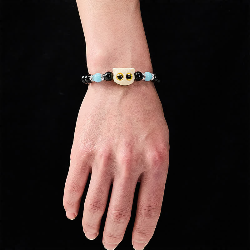 Buddha Stones Pulsera de cuentas con relieve de gato de ojos grandes tallada a mano en obsidiana negra - image 19