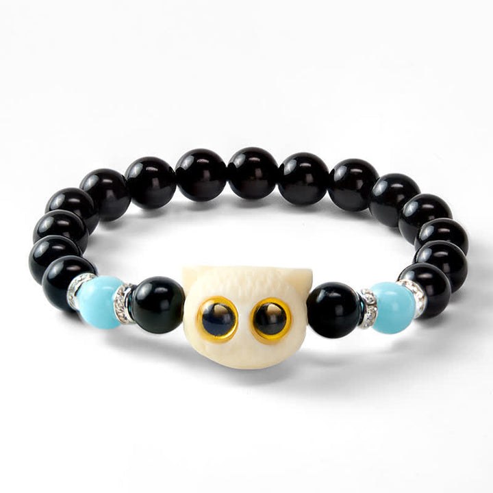 Buddha Stones Pulsera de cuentas con relieve de gato de ojos grandes tallada a mano en obsidiana negra - image 23