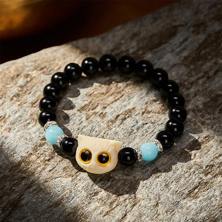Buddha Stones Pulsera de cuentas con relieve de gato de ojos grandes tallada a mano en obsidiana negra - image 17