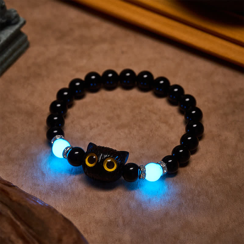 Buddha Stones Pulsera de cuentas con relieve de gato de ojos grandes tallada a mano en obsidiana negra - Gato negro (circunferencia de la muñeca: 15–16 cm) - Obsidiana negra (Purificación ♥ Fuerza) - image 0