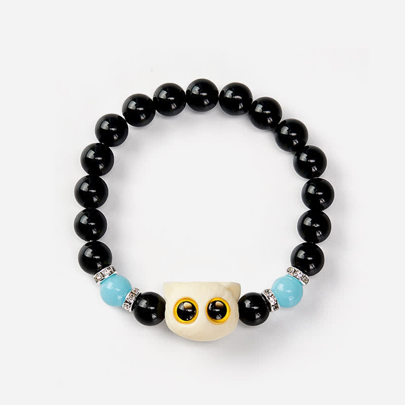 Buddha Stones Pulsera de cuentas con relieve de gato de ojos grandes tallada a mano en obsidiana negra - image 23