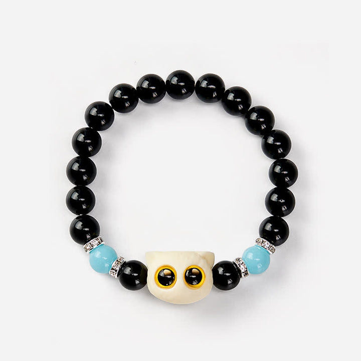 Buddha Stones Pulsera de cuentas con relieve de gato de ojos grandes tallada a mano en obsidiana negra - image 23