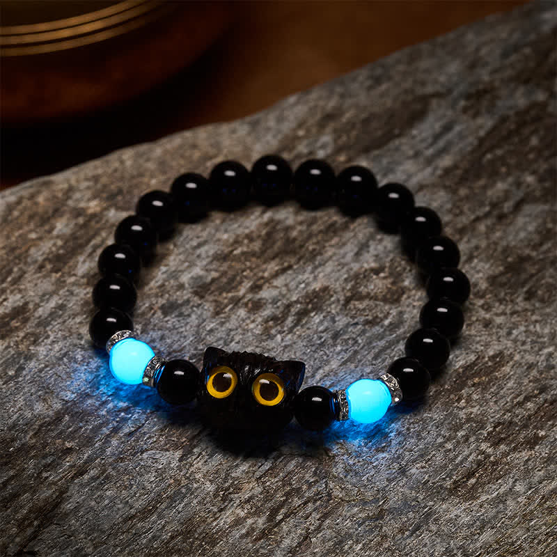Buddha Stones Pulsera de cuentas con relieve de gato de ojos grandes tallada a mano en obsidiana negra - image 10