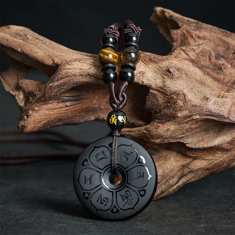 Buddha Stones Collar trenzado grabado con hebilla de paz de obsidiana negra y protección - Om Mani Padme Hum (Amor ♥ Sabiduría) - image 0