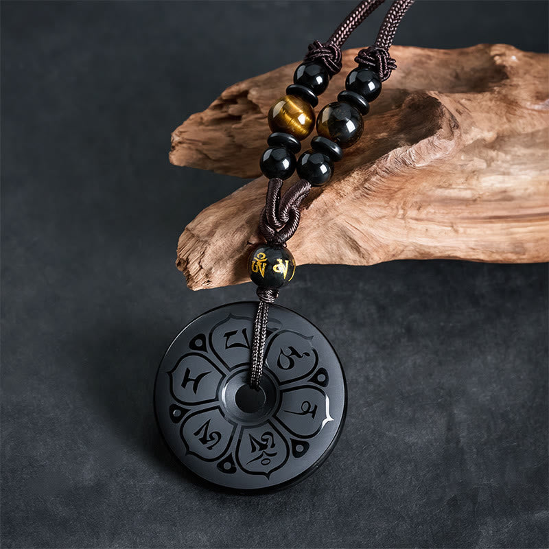 Buddha Stones Collar trenzado grabado con hebilla de paz de obsidiana negra y protección - image 1