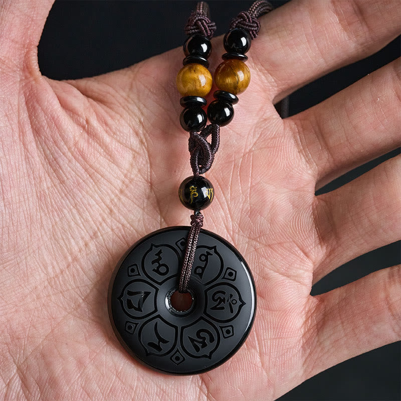 Buddha Stones Collar trenzado grabado con hebilla de paz de obsidiana negra y protección - image 17