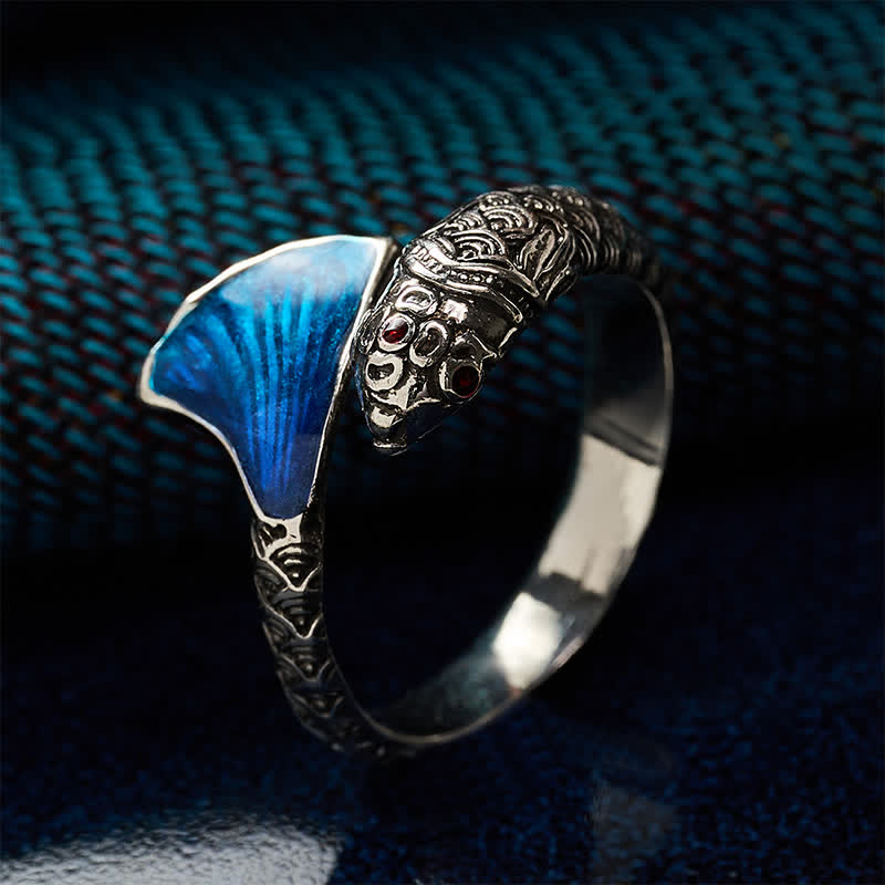 Buddha Stones Anillo ajustable con diseño vintage de pez koi y esmalte azul para el éxito. - image 2