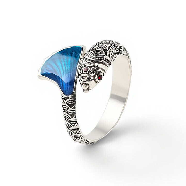 Buddha Stones Anillo ajustable con diseño vintage de pez koi y esmalte azul para el éxito. - image 5