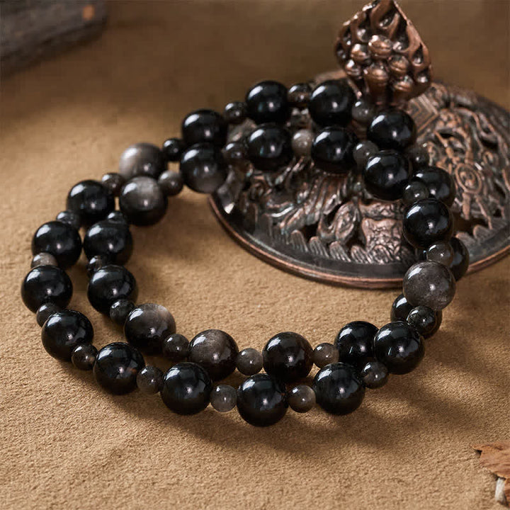 Buddha Stones Pulsera protectora de cuentas redondas de obsidiana negra de una o dos capas - image 12
