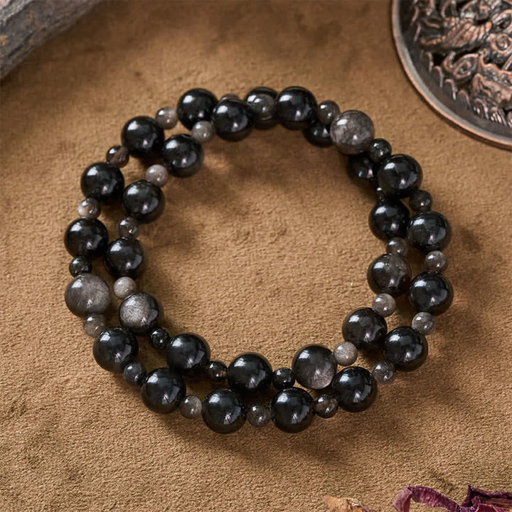 Buddha Stones Pulsera protectora de cuentas redondas de obsidiana negra de una o dos capas - image 9
