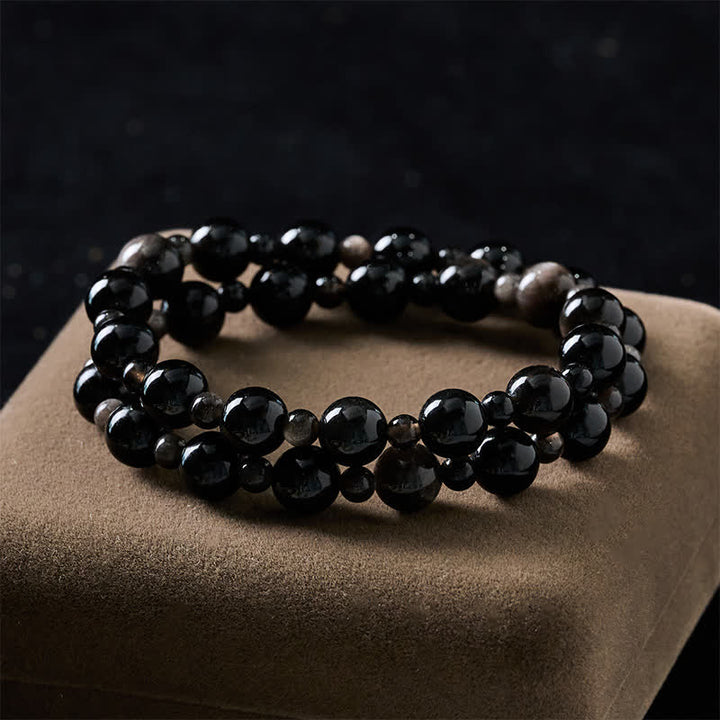 Buddha Stones Pulsera protectora de cuentas redondas de obsidiana negra de una o dos capas - image 10