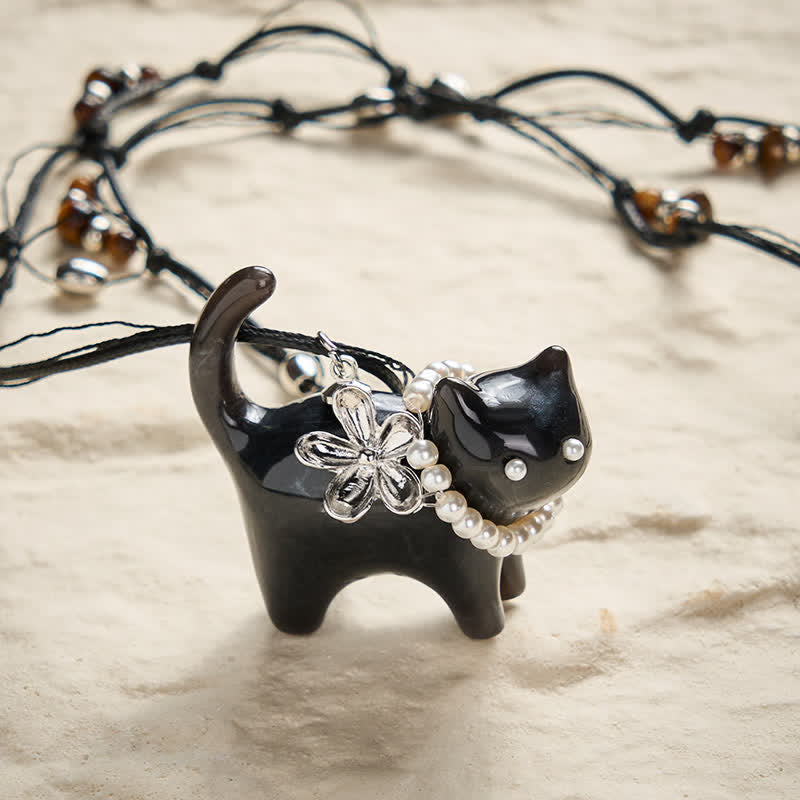 Buddha Stones Collar de resina con colgante de flor de gato negro y marrón y perlas de paz. - Gato negro - image 6