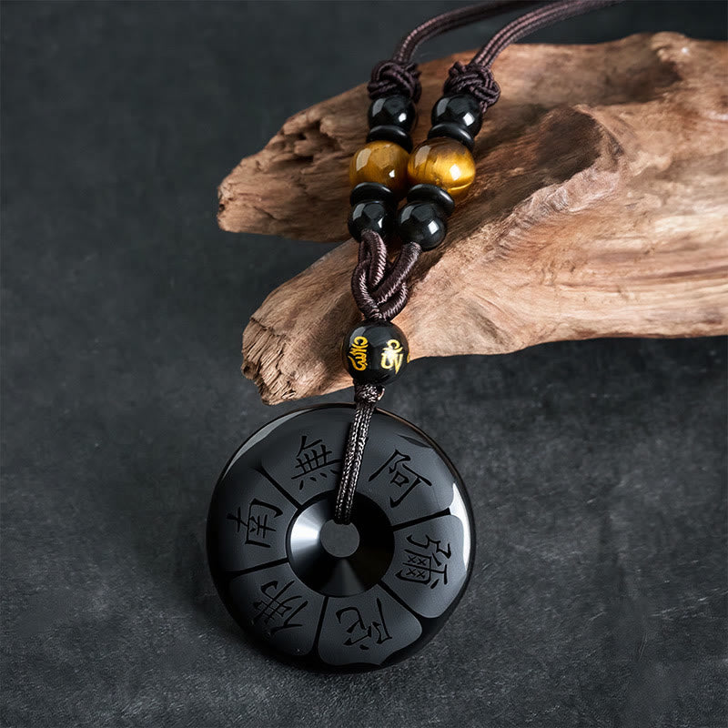 Buddha Stones Collar con hebilla de protección Namo Ami de obsidiana negra grabada - image 1