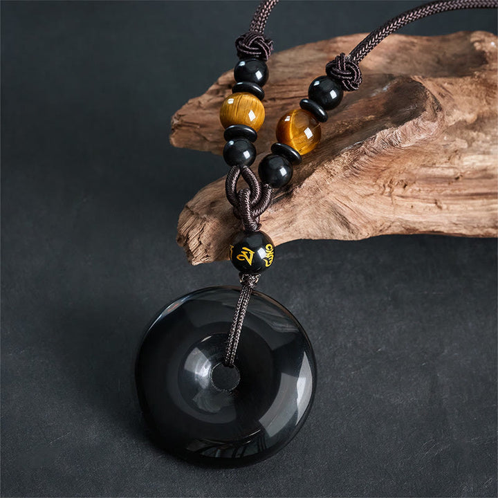 Buddha Stones Collar con hebilla de protección Namo Ami de obsidiana negra grabada - image 4