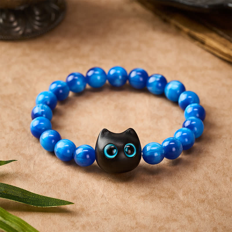 Buddha Stones Pulsera de equilibrio con forma de gato, cuentas de resina azul y madera de ébano - image 10