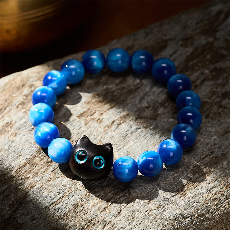 Buddha Stones Pulsera de equilibrio con forma de gato, cuentas de resina azul y madera de ébano - image 3
