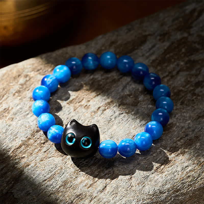 Buddha Stones Pulsera de equilibrio con forma de gato, cuentas de resina azul y madera de ébano - image 12
