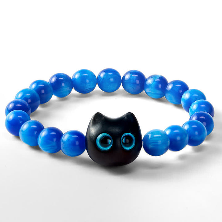 Buddha Stones Pulsera de equilibrio con forma de gato, cuentas de resina azul y madera de ébano - image 15