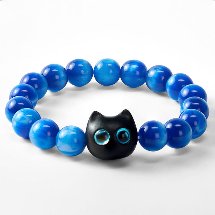 Buddha Stones Pulsera de equilibrio con forma de gato, cuentas de resina azul y madera de ébano - image 6