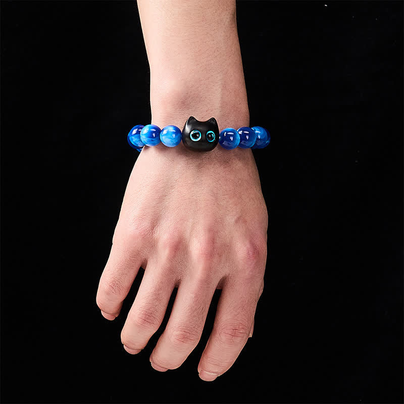Buddha Stones Pulsera de equilibrio con forma de gato, cuentas de resina azul y madera de ébano - image 4
