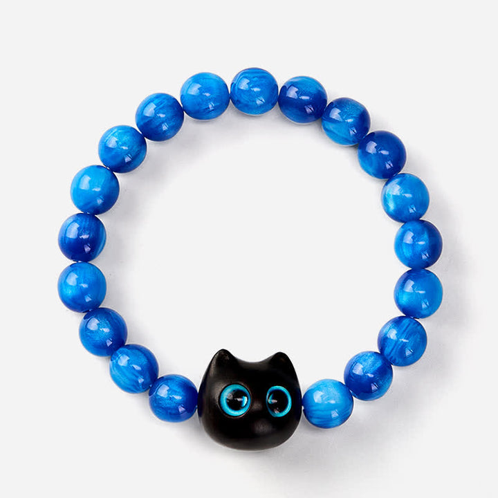 Buddha Stones Pulsera de equilibrio con forma de gato, cuentas de resina azul y madera de ébano - image 11