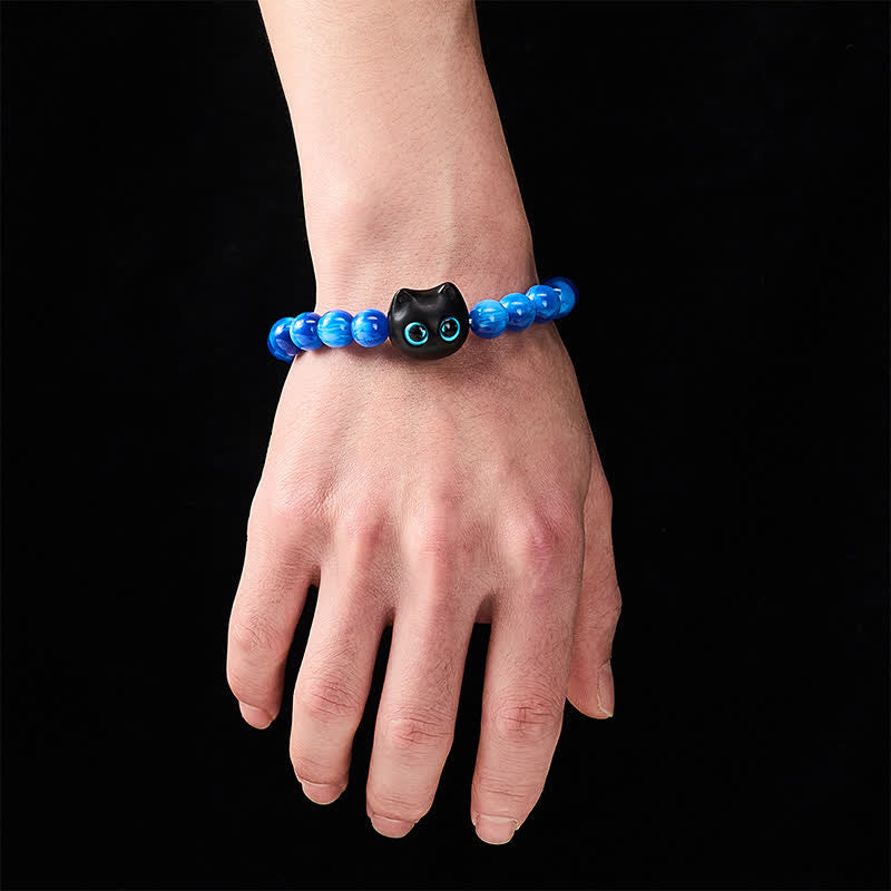 Buddha Stones Pulsera de equilibrio con forma de gato, cuentas de resina azul y madera de ébano - image 13