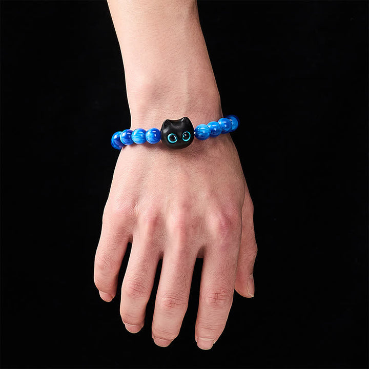 Buddha Stones Pulsera de equilibrio con forma de gato, cuentas de resina azul y madera de ébano - image 13