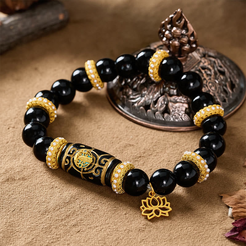 Buddha Stones Colgante de loto con cuentas cilíndricas de resina de obsidiana negra y pulsera de cuentas redondas de protección - image 3