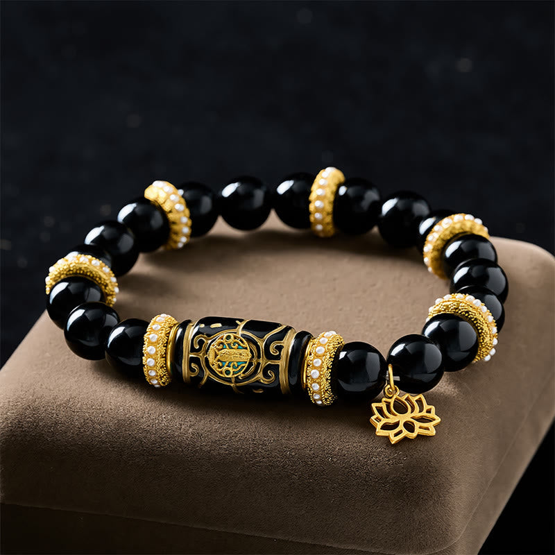 Buddha Stones Colgante de loto con cuentas cilíndricas de resina de obsidiana negra y pulsera de cuentas redondas de protección - image 1