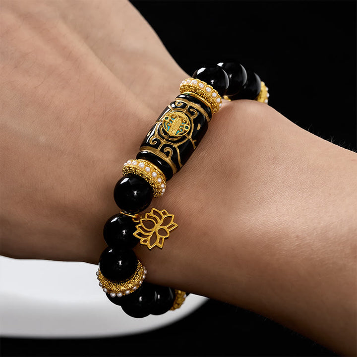 Buddha Stones Colgante de loto con cuentas cilíndricas de resina de obsidiana negra y pulsera de cuentas redondas de protección - image 4