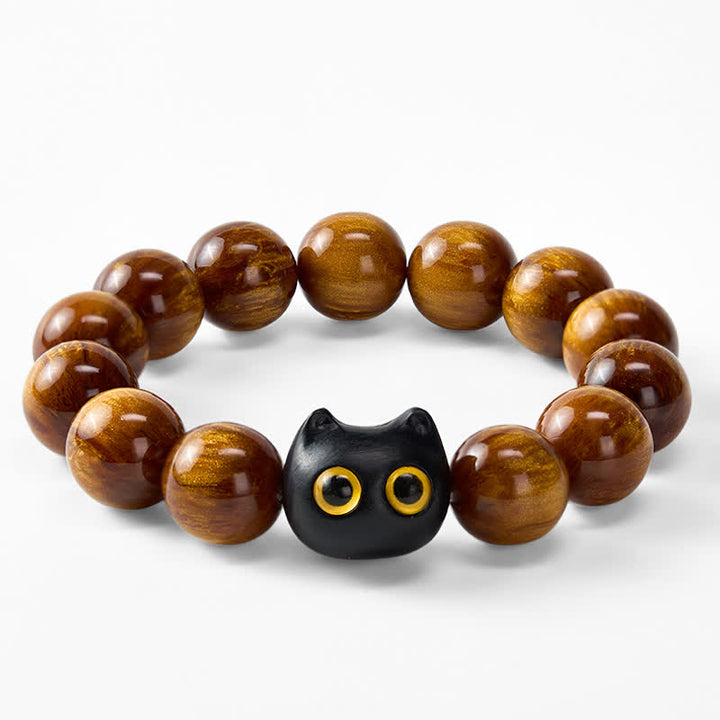 Buddha Stones Pulsera con cuentas de resina amarilla, ojos amarillos y diseño de gato tranquilo en madera de ébano. - image 14