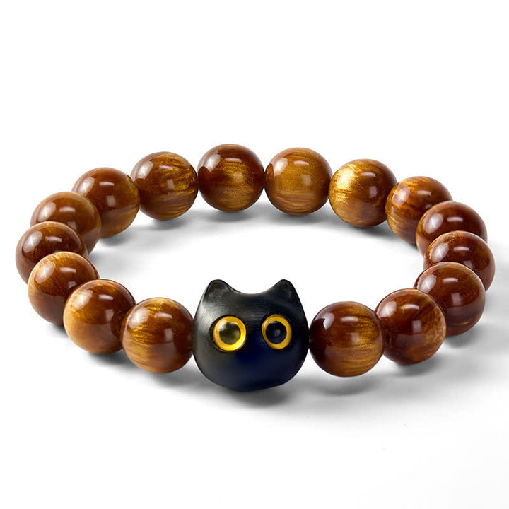Buddha Stones Pulsera con cuentas de resina amarilla, ojos amarillos y diseño de gato tranquilo en madera de ébano. - image 6