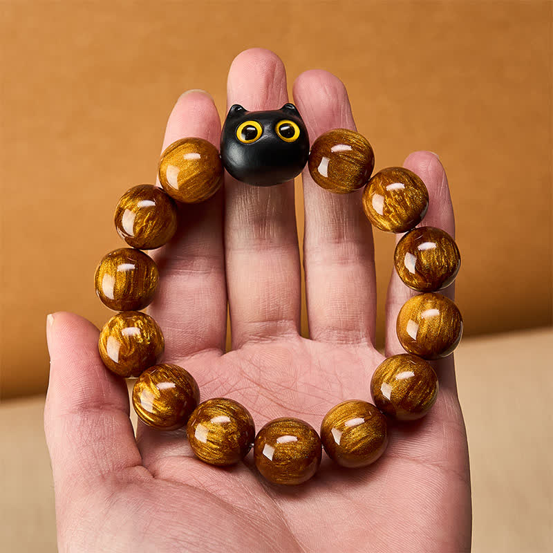 Buddha Stones Pulsera con cuentas de resina amarilla, ojos amarillos y diseño de gato tranquilo en madera de ébano. - image 13