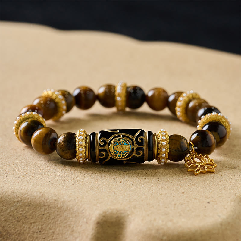 Buddha Stones Colgante de loto con cuentas cilíndricas de resina ojo de tigre amarillo natural Pulsera de cuentas redondas Confianza - image 7