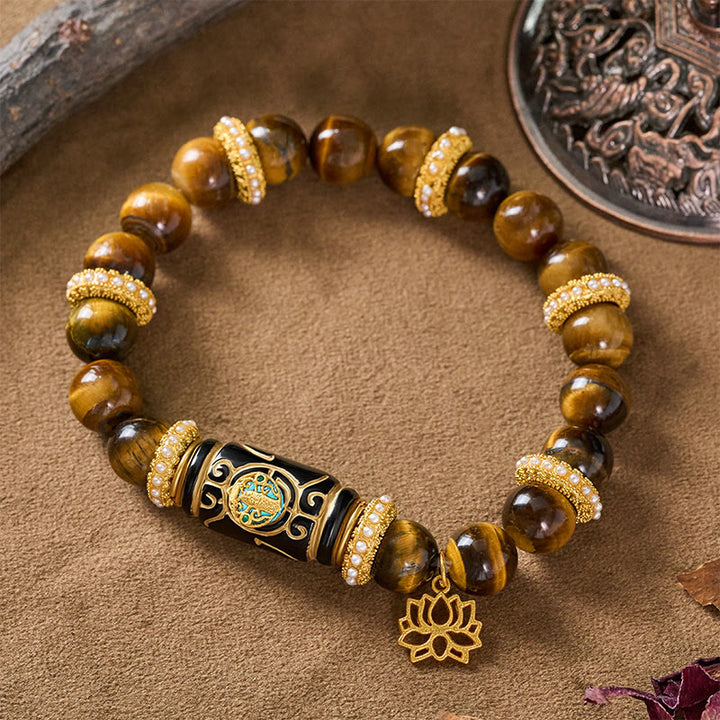 Buddha Stones Colgante de loto con cuentas cilíndricas de resina ojo de tigre amarillo natural Pulsera de cuentas redondas Confianza - Ojo de tigre amarillo (circunferencia de la muñeca: 16–17 cm) - image 0