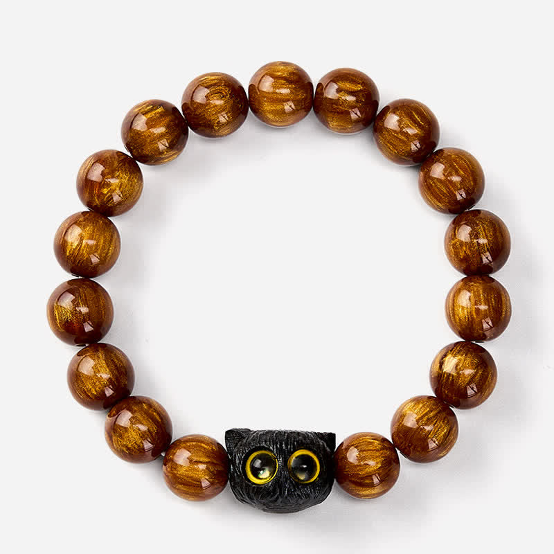 Buddha Stones Pulsera de madera de ébano con cuentas de resina amarilla y gato de la paz - image 14