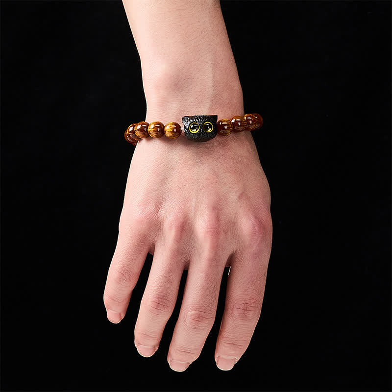 Buddha Stones Pulsera de madera de ébano con cuentas de resina amarilla y gato de la paz - image 4