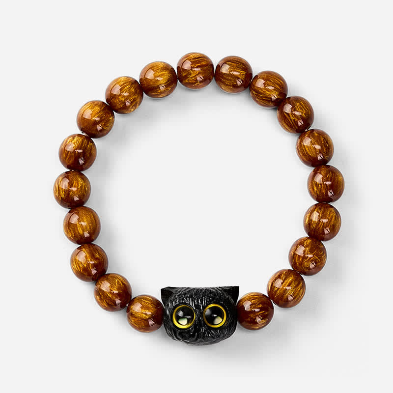 Buddha Stones Pulsera de madera de ébano con cuentas de resina amarilla y gato de la paz - image 3
