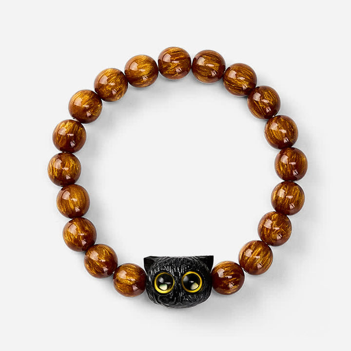 Buddha Stones Pulsera de madera de ébano con cuentas de resina amarilla y gato de la paz - image 3