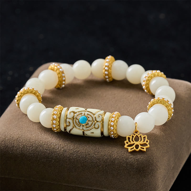 Buddha Stones Pulsera redonda de meditación con colgante de loto y cuentas de resina blanca con forma de semilla de Bodhi. - Semilla de Bodhi Blanca (Circunferencia de la muñeca: 16–17 cm) - image 0