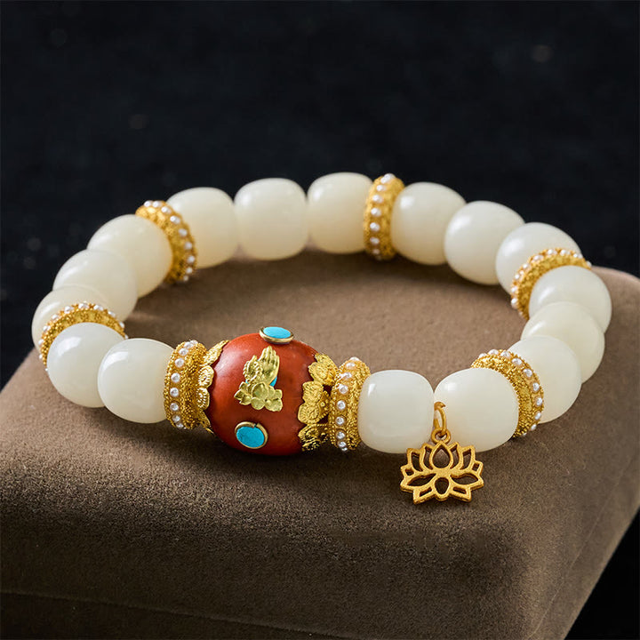 Buddha Stones Pulsera con colgante ovalado de loto naranja grabado con semilla de Bodhi blanca tibetana - Semilla de Bodhi Blanca (Circunferencia de la muñeca: 18-19 cm) - image 0