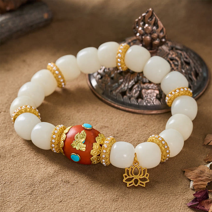 Buddha Stones Pulsera con colgante ovalado de loto naranja grabado con semilla de Bodhi blanca tibetana - image 2