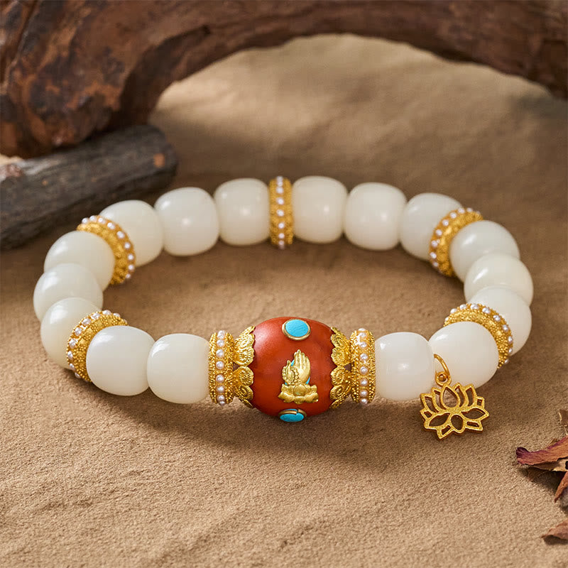 Buddha Stones Pulsera con colgante ovalado de loto naranja grabado con semilla de Bodhi blanca tibetana - image 8