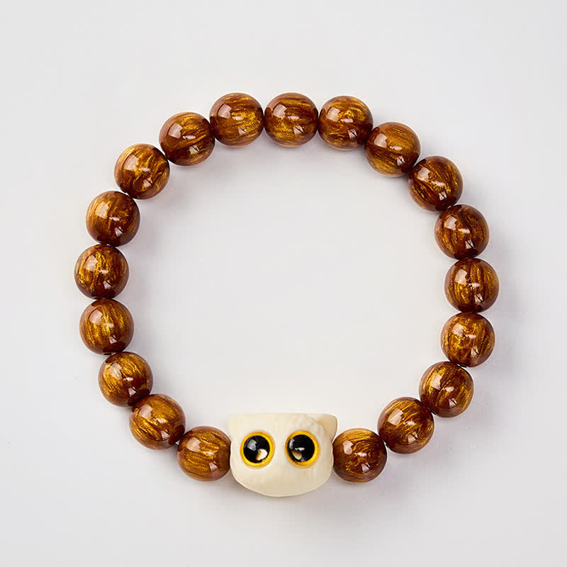 Buddha Stones Pulsera de sabiduría con cuentas de resina amarilla y diseño de gato frutal color marfil - image 2