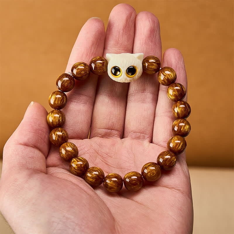 Buddha Stones Pulsera de sabiduría con cuentas de resina amarilla y diseño de gato frutal color marfil - image 5