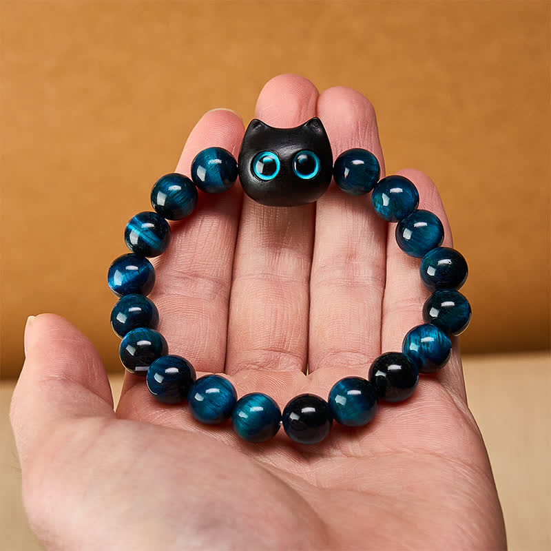 Buddha Stones Pulsera de madera de ébano con ojo de tigre azul para fortalecer al gato - image 5