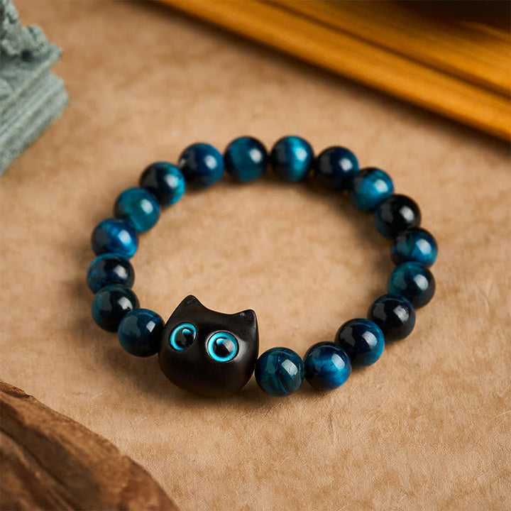 Buddha Stones Pulsera de madera de ébano con ojo de tigre azul para fortalecer al gato - 10 mm (circunferencia de la muñeca: 6,3-6,7 pulgadas / 16-17 cm) - image 0