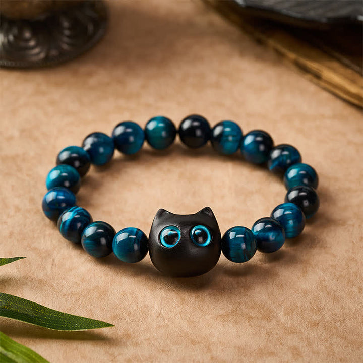 Buddha Stones Pulsera de madera de ébano con ojo de tigre azul para fortalecer al gato - image 1