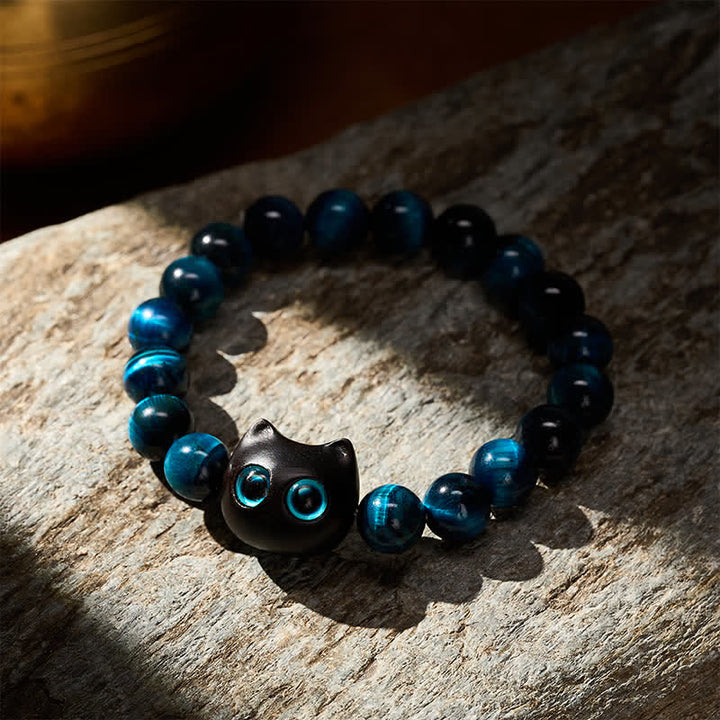 Buddha Stones Pulsera de madera de ébano con ojo de tigre azul para fortalecer al gato - image 3